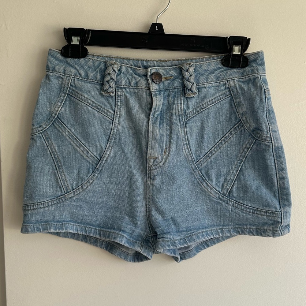 BDG Light Blue High-Rise Denim Shorts with Braided Belt Loops